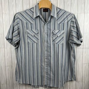 Plains Men's‎ Short Sleeve Stripe Western Shirt Pearl Snaps Grey Blue Size 2X
